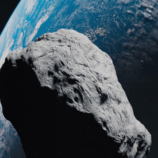 An artist's impression of an asteroid approaching the earth.