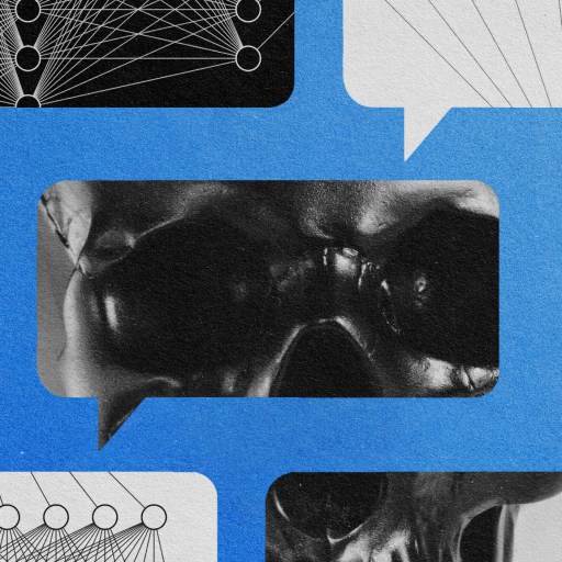 A black and white image of a skull with speech bubbles depicting death.