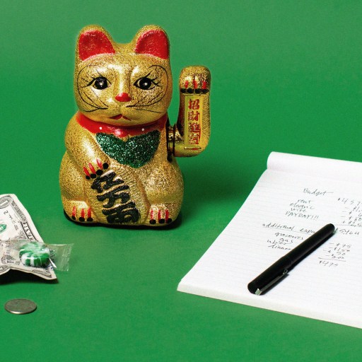 A Chinese lucky cat figurine with a kakeibo notepad on a green background.