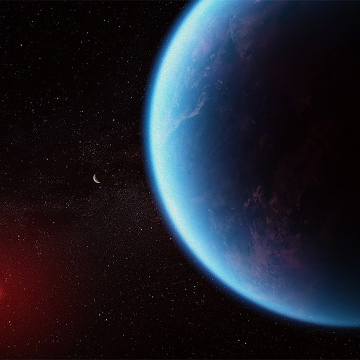 An artist's rendering of an alien planet and a red star.
