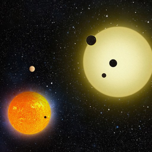 An artist's impression of a group of planets in space detected via the doppler method.