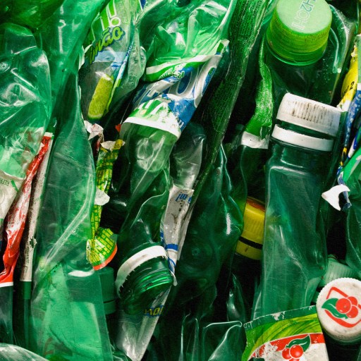 A pile of recyclable plastic bottles.