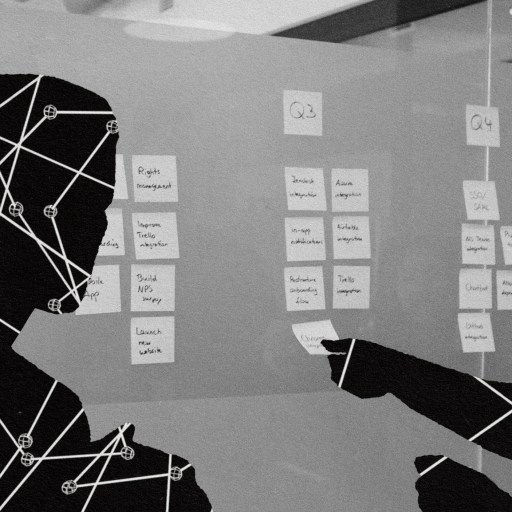 A group of people practicing agile innovation while looking at a wall.