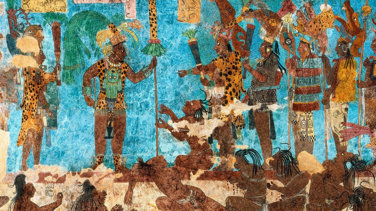 A painting of a group of people in the Tikal cave.