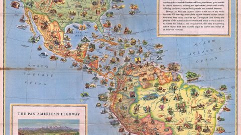 An old map displaying the Pan American Highway route through the Americas.