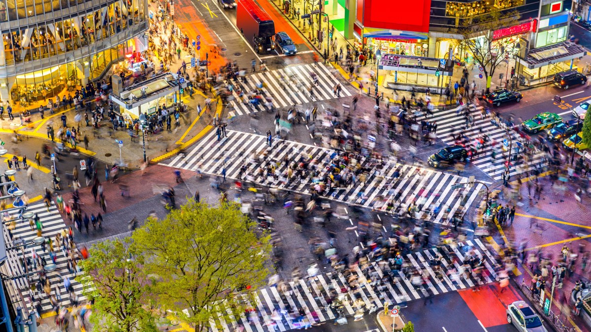 An aerial view of a populous intersection in Tokyo, Japan.