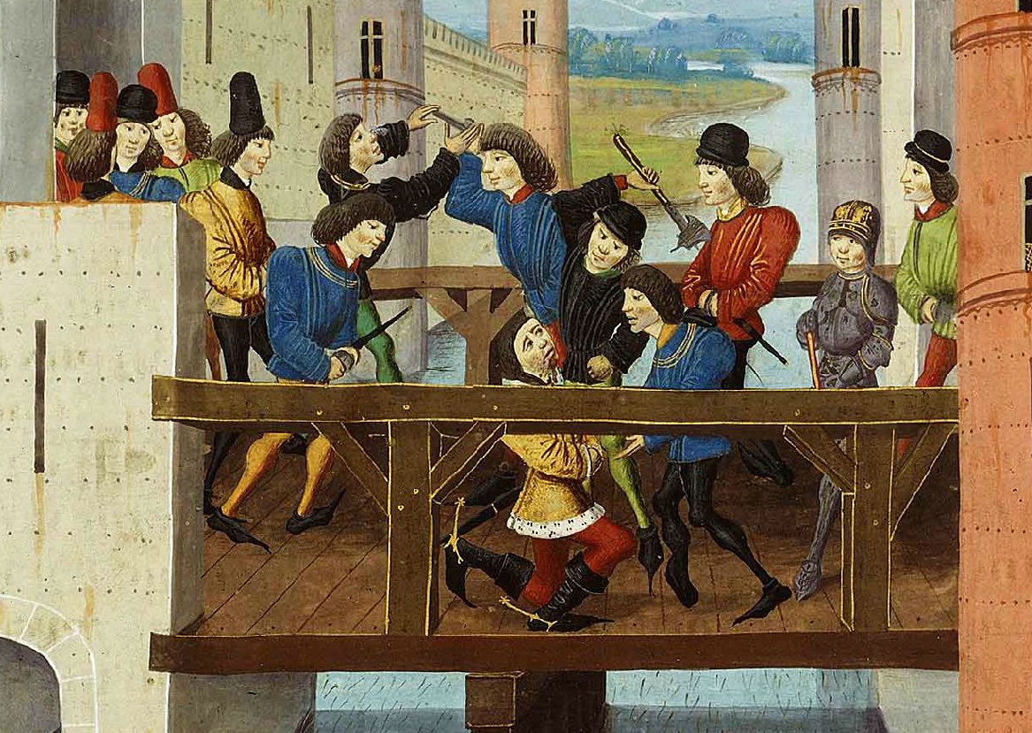 A painting of a group of people on a bridge.