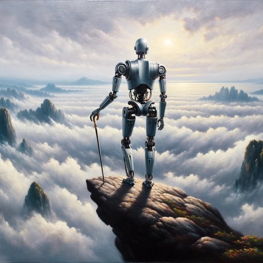 A painting of a robot standing on top of a cliff.