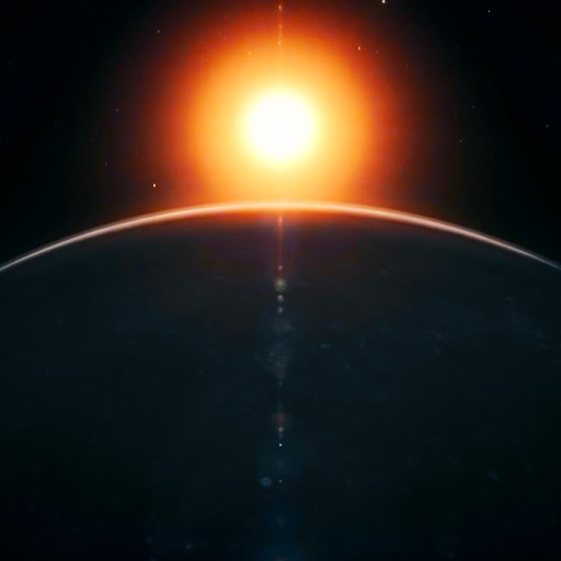 A bright sun rises over the curved horizon of a dark planet in space, with a faint glow outlining the planet’s edge against a starry background.
