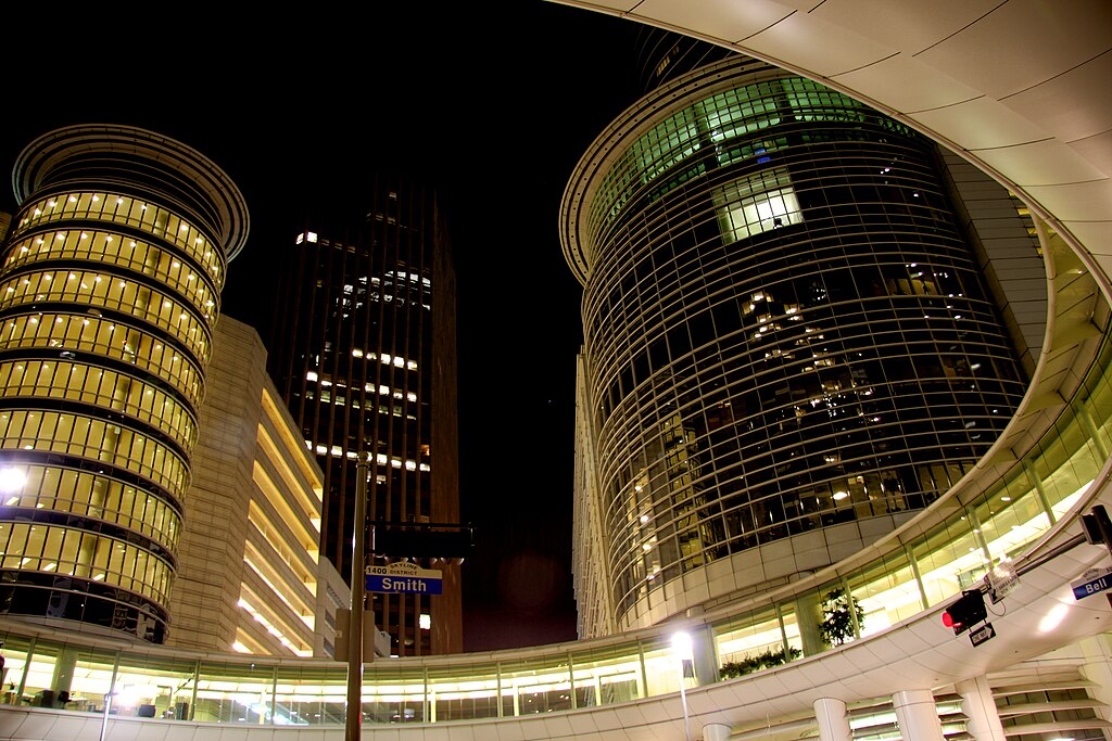 A view of a city at night.