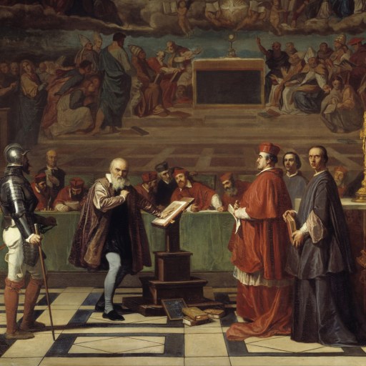 A painting of a group of people standing in front of a church.