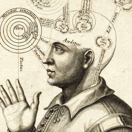 An old drawing of a man with his hand in his head, exploring the depths of free will.