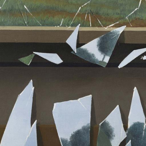 Large shards of broken glass lie on the floor in front of a window with cracked glass; red curtains frame the scene.