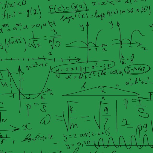 Green chalkboard filled with various mathematical equations, graphs, and formulas written in black marker.