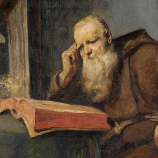 A painting of a monk reading a book.