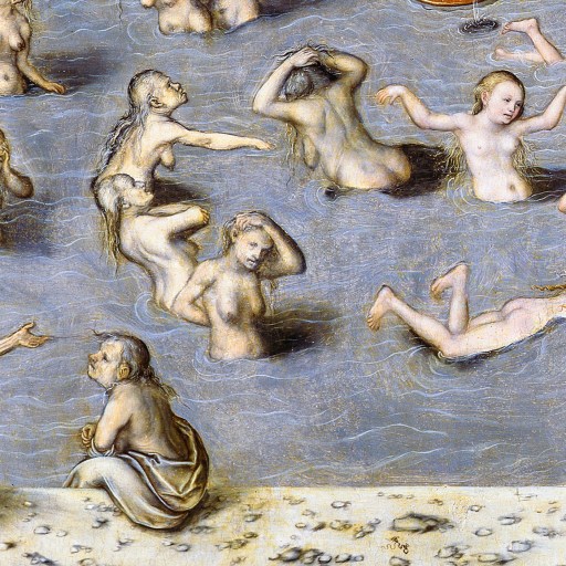 A painting exploring philosophical problems through a depiction of naked people in a pool.