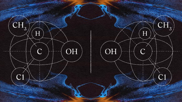 A black and blue image of a chemical symbol featuring mirror image.