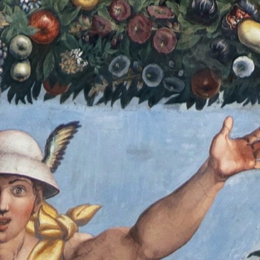 A painting of a man with a hat and fruit.