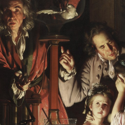 A painting of a group of people around a table with an air pump.