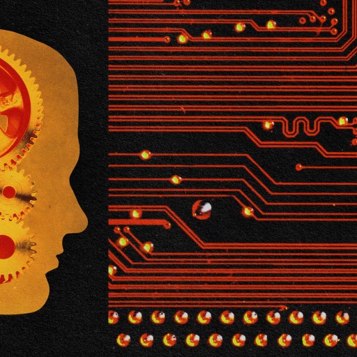 An image of a man's head with gears representing the fusion of free will and AI.