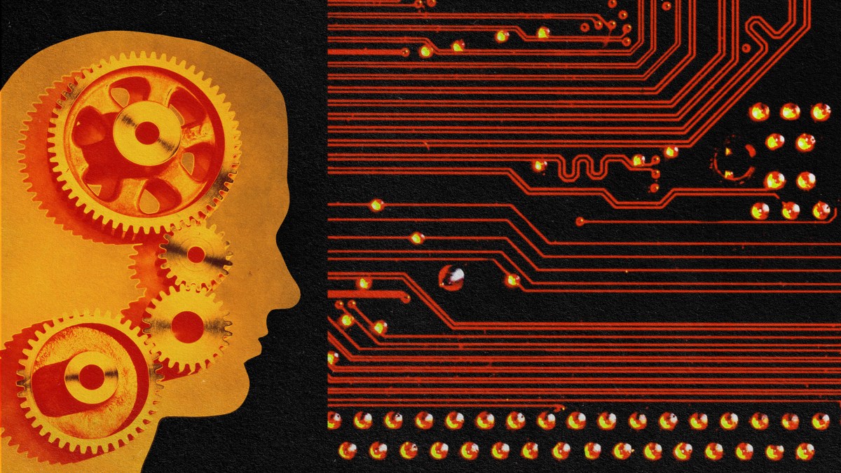 An image of a man's head with gears representing the fusion of free will and AI.