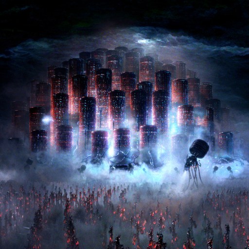 Aliens contemplating the apocalypse in a field with a castle in the background.