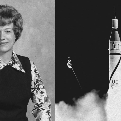 Keywords: Joyce Neighbors

Description: A black and white photo featuring Joyce Neighbors standing proudly next to a rocket.