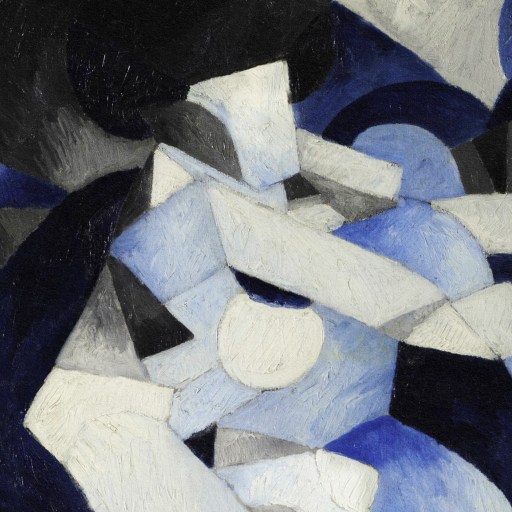 A QBism-inspired painting of a woman in blue and black.