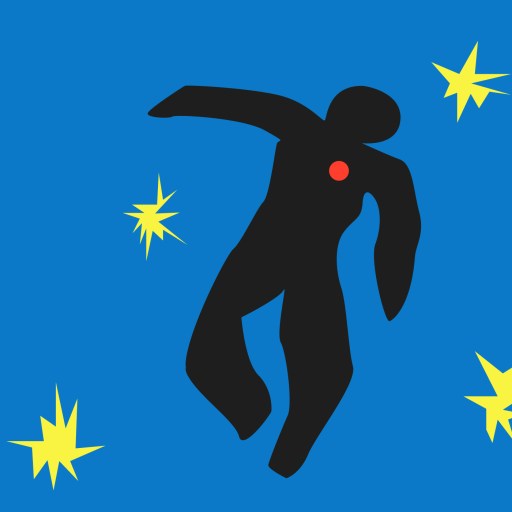 A silhouette of a man flying in the sky with stars.