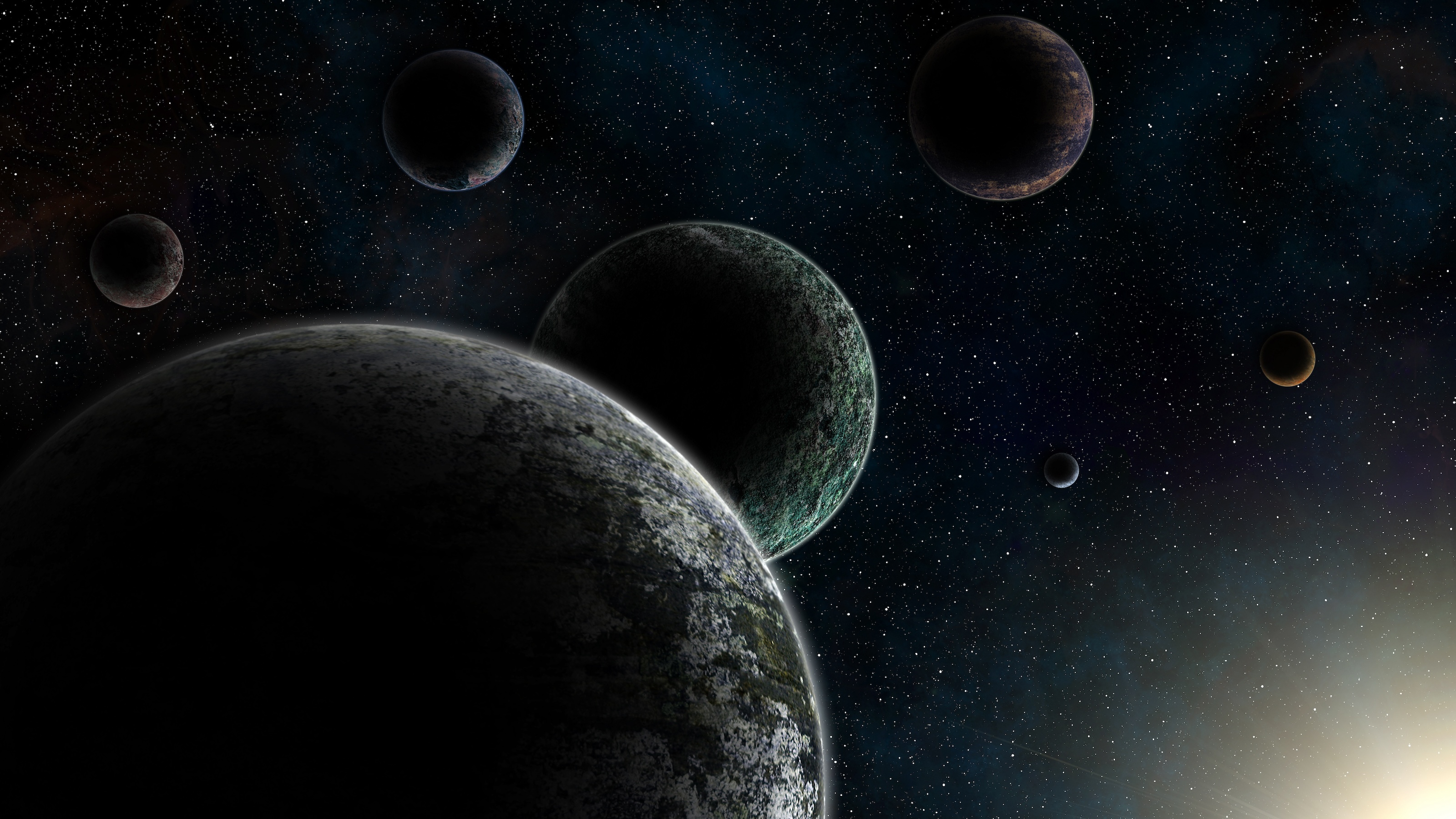 A group of planets in space with a sun in the background.