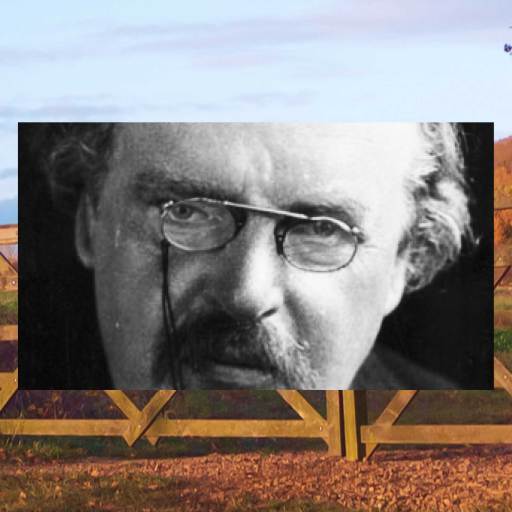 Photo of G.K. Chesterson superimposed on top of a photo of a wooden fence in the countryside.