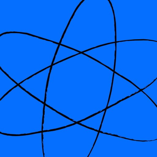 Black outline of an atomic symbol with three intersecting ellipses on a solid blue background.