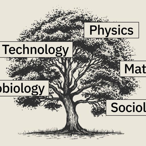 A tree diagram with branches labeled Astrobiology, Technology, Physics, Math, and Sociology, representing different academic disciplines.