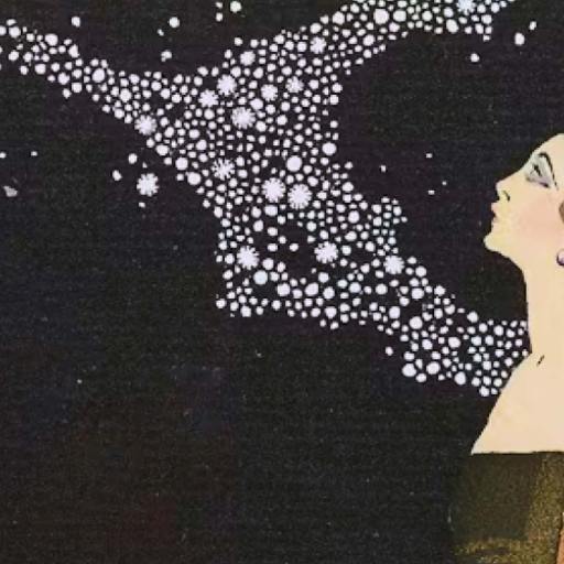 A woman in a sleeveless dress looks up at a bird shape formed by clusters of white dots against a dark background.