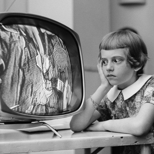 A young girl giving her undivided attention to a TV screen displaying an engaging cartoon.