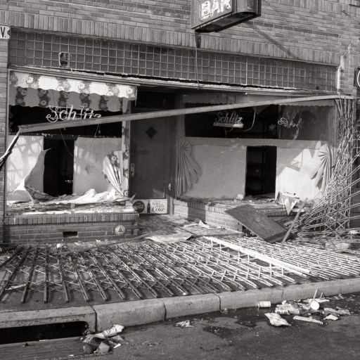 A black and white photo of a building that has been destroyed in New Jersey.