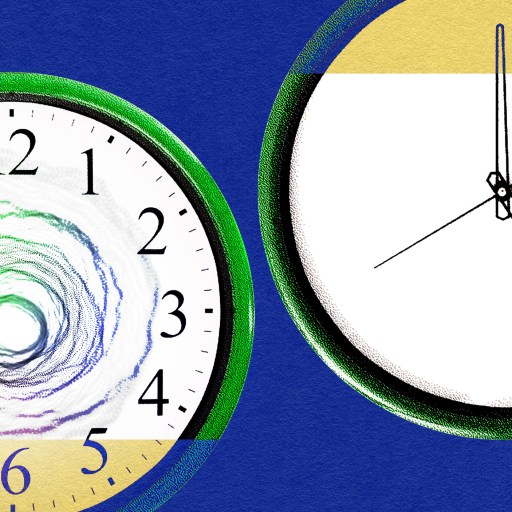 Two clocks displaying the accurate time on a blue background.