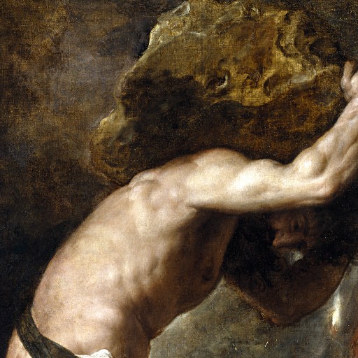 A painting depicting the concept of the law of reversed effort, with a naked man exerting himself to carry a heavy rock.