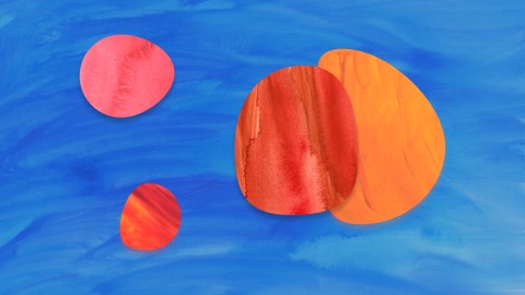 A painting of orange and red circles on a blue background, displaying randomness in its arrangement.