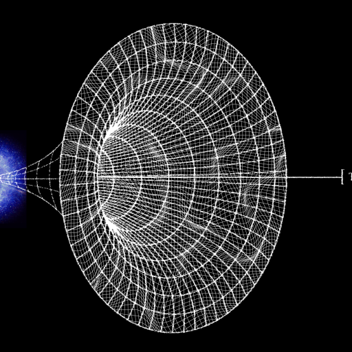 Diagram of the expanding universe concept with cosmic inflation, light cone, and time axis.