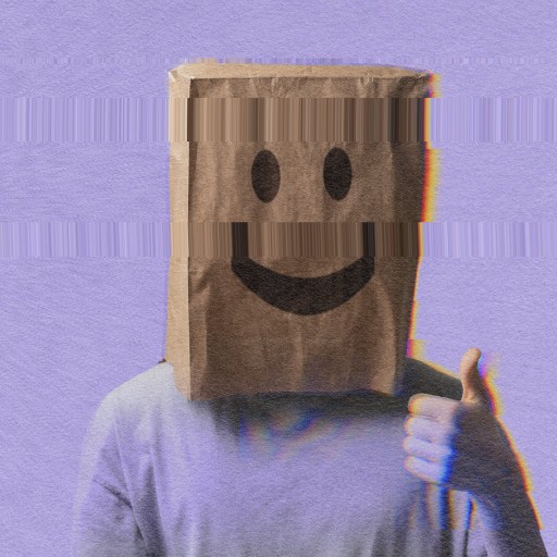 A person wearing a paper bag with a smiley face on it, exuding an air of happiness.