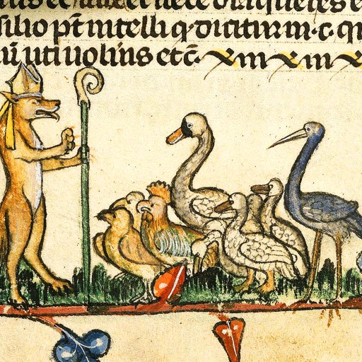 An illustration of a non-human main character, a fox, with birds on a branch.