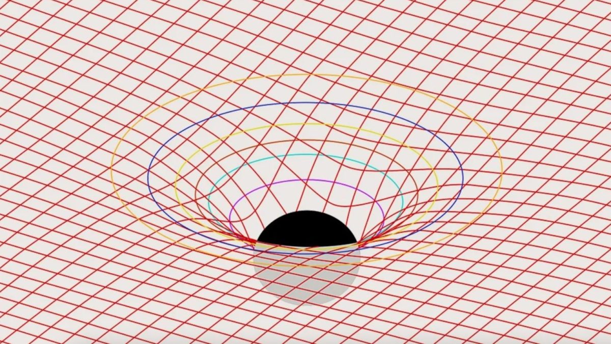 An image of a black hole in the middle of a grid.