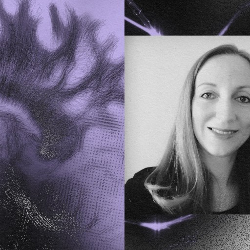 A photo of a woman with a purple and black background, capturing the spirit of memory athletes.