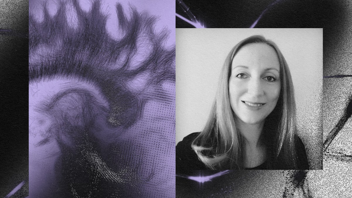 A photo of a woman with a purple and black background, capturing the spirit of memory athletes.