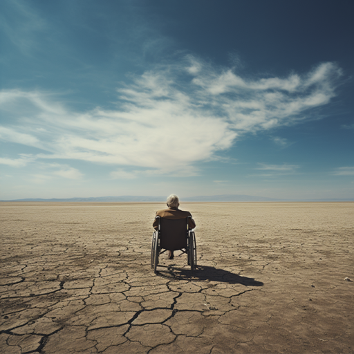 A person in a wheelchair exploring a vast desert landscape.