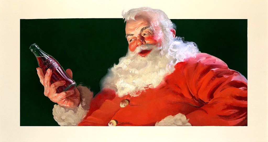A hazardous painting of Santa Claus holding a Coca Cola bottle.