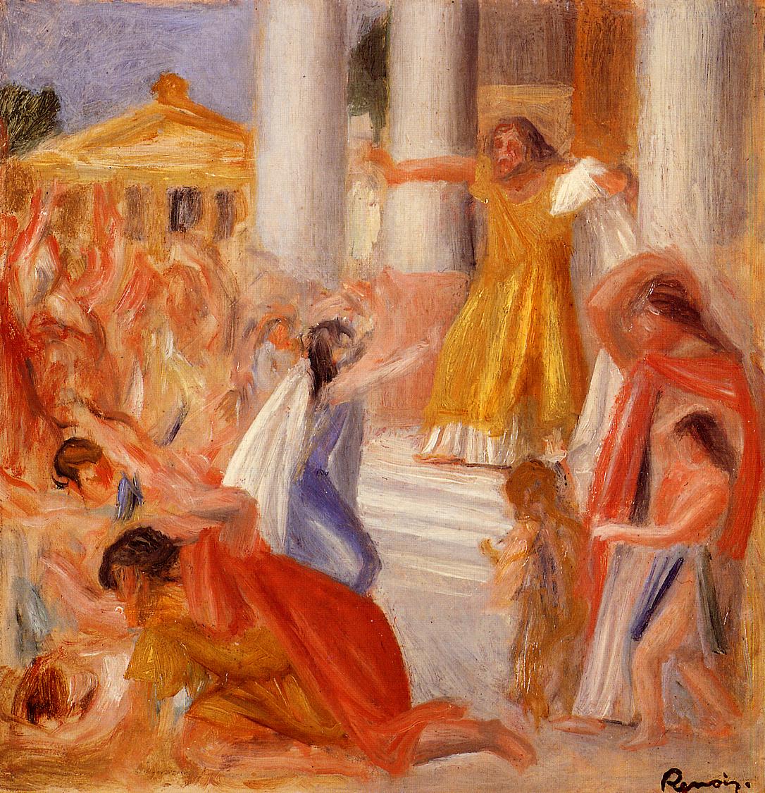 A painting of a group of people gathered in front of a building.