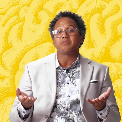 A man with glasses and a brain in front of a yellow background.