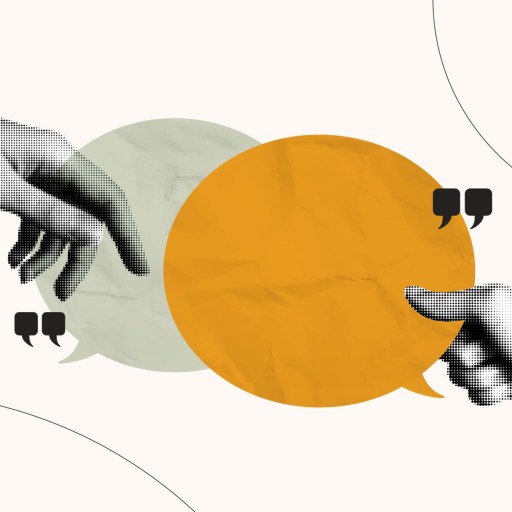 Two hands reaching for a speech bubble.